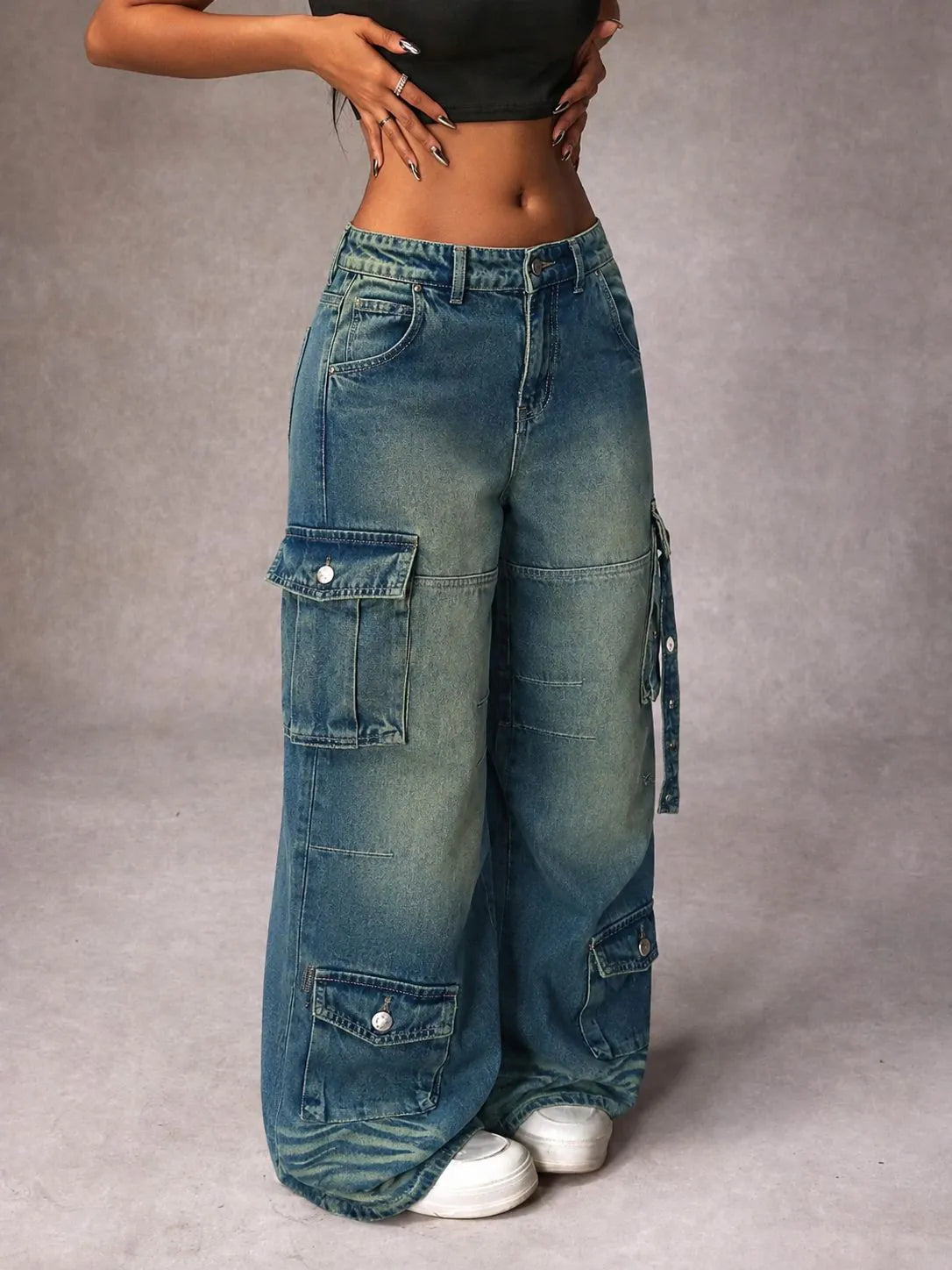 Navy Casual Wide-Leg Cargo Denim