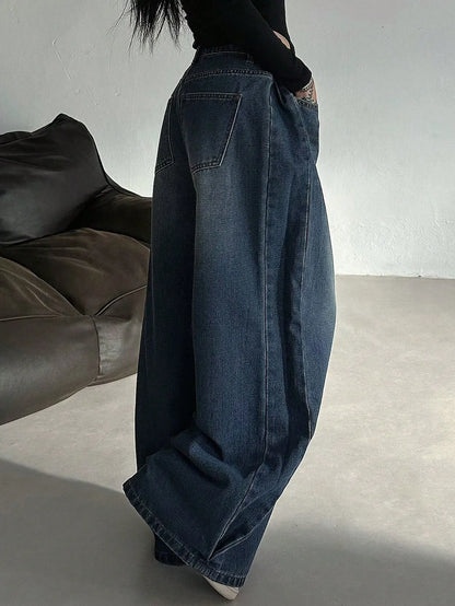 Dark Blue Oversized Baggy Wide-Leg Jeans