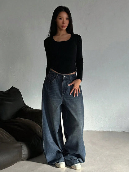 Dark Blue Oversized Baggy Wide-Leg Jeans