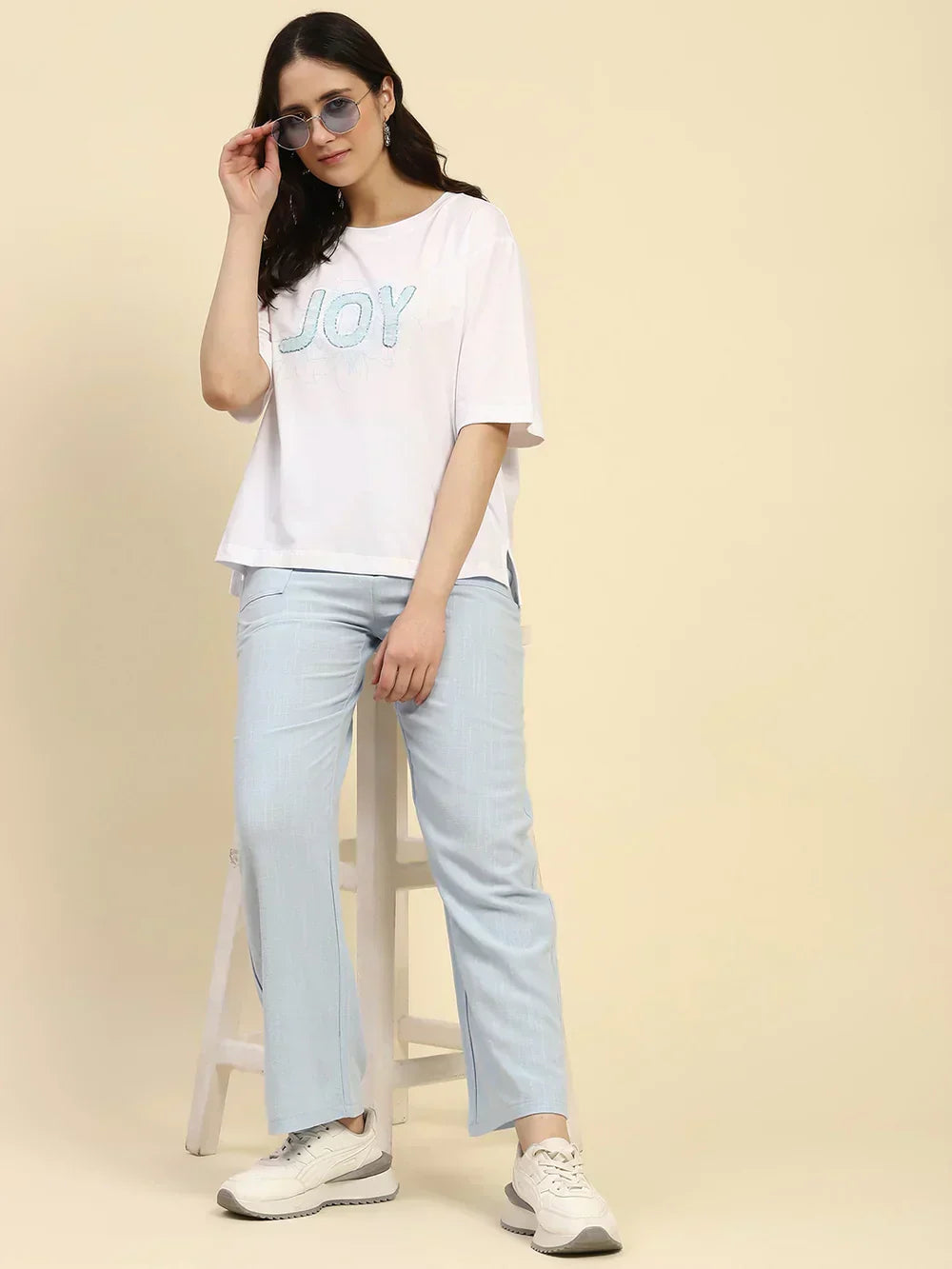 Blue Solid Cotton Linen Relaxed Fit Trouser
