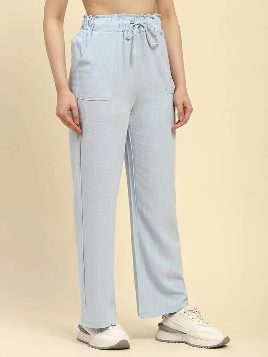 Blue Solid Cotton Linen Relaxed Fit Trouser