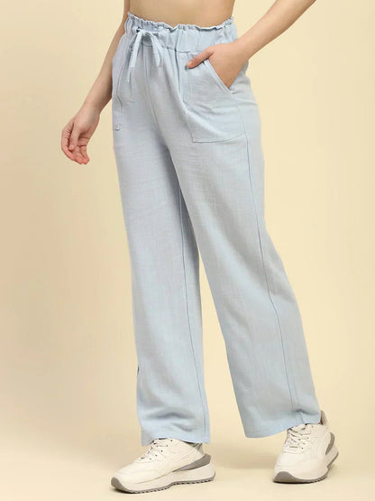 Blue Solid Cotton Linen Relaxed Fit Trouser