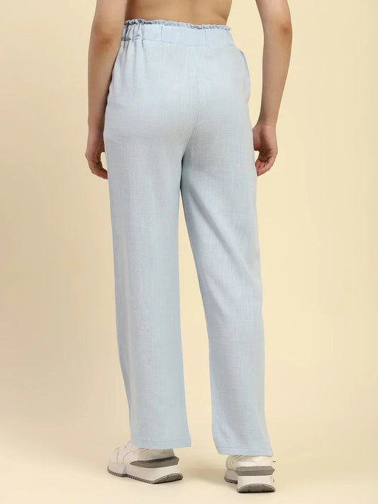 Blue Solid Cotton Linen Relaxed Fit Trouser
