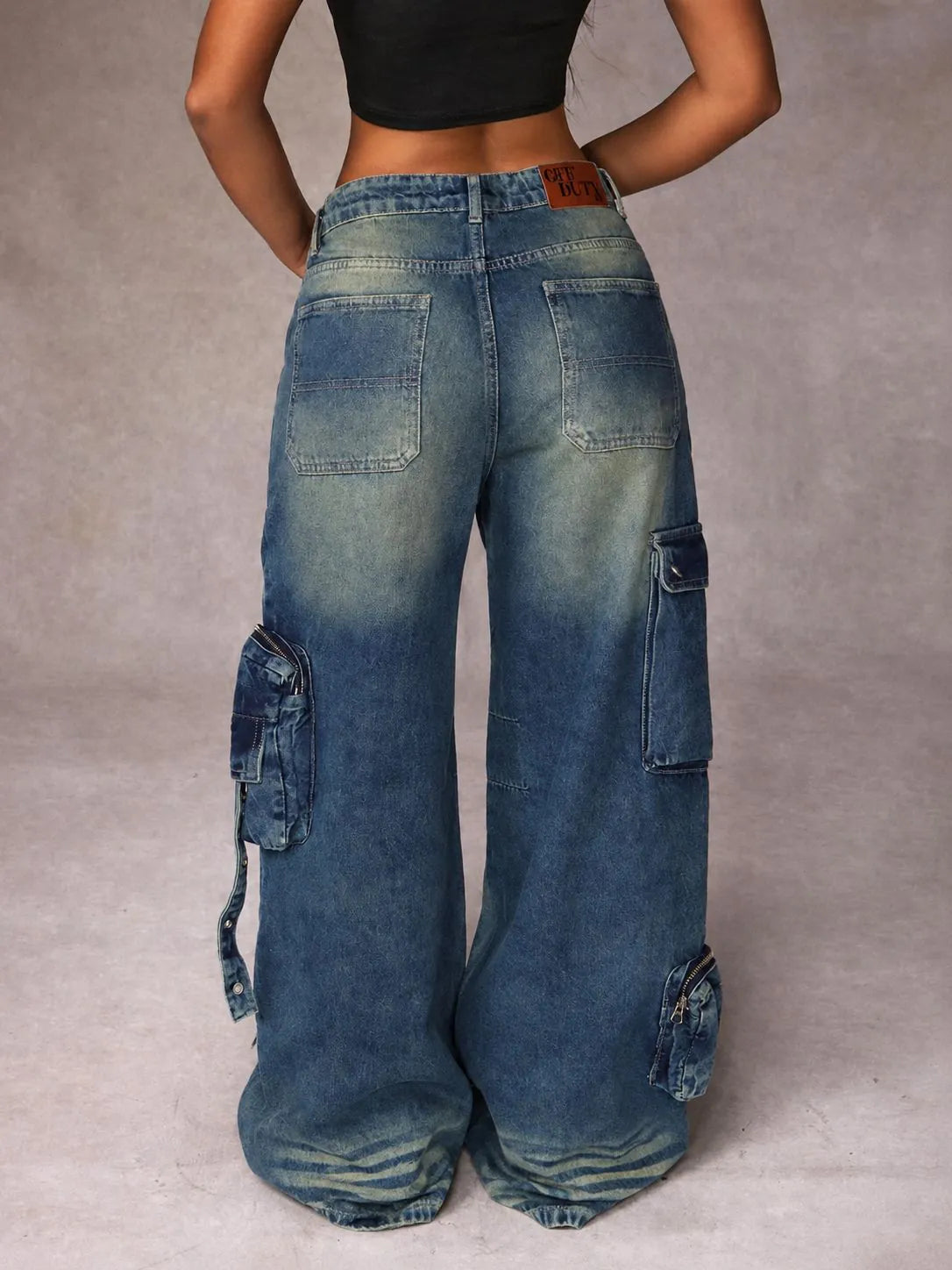 Navy Casual Wide-Leg Cargo Denim