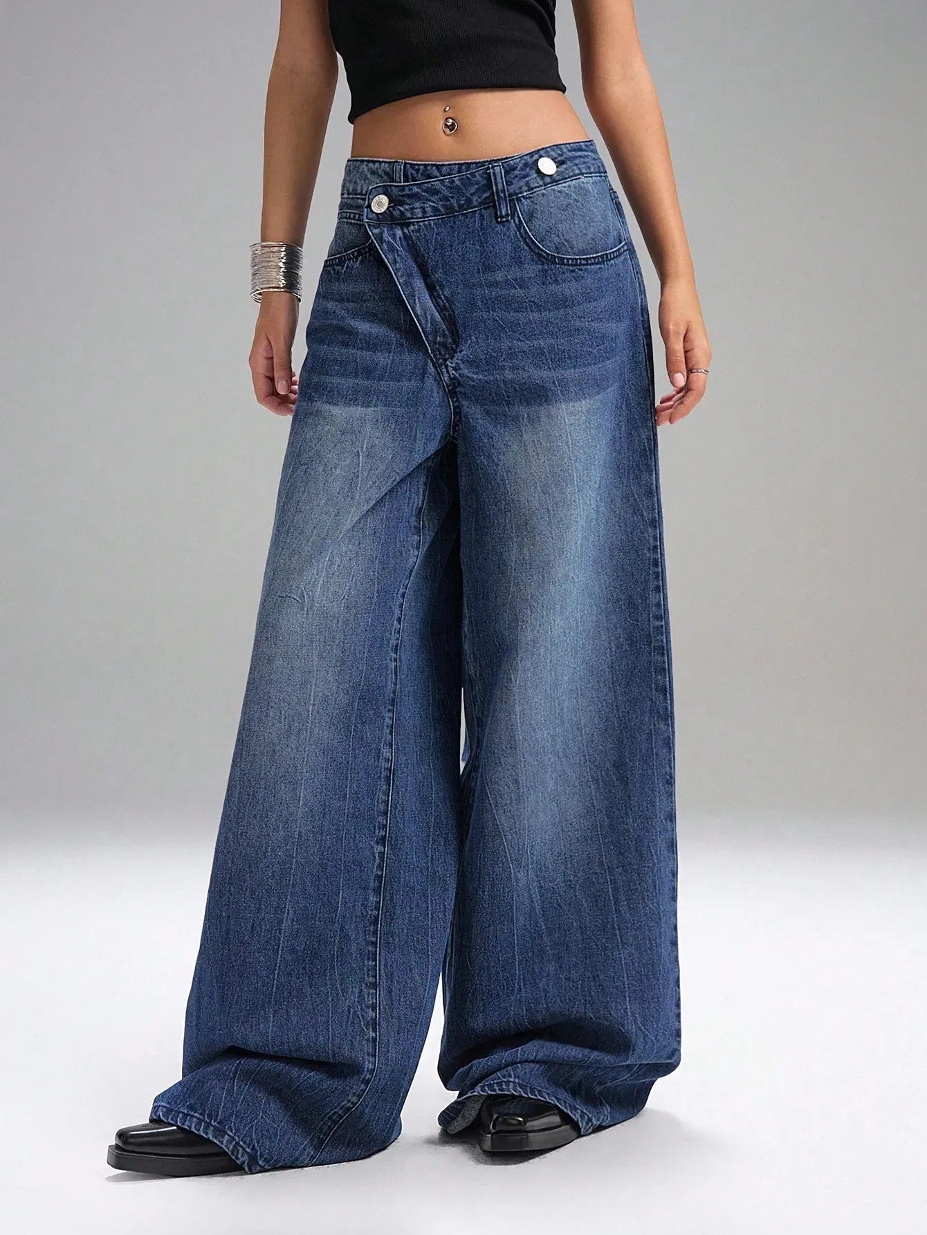 Deconstructed Front Fly Extra Wide-Leg Jeans