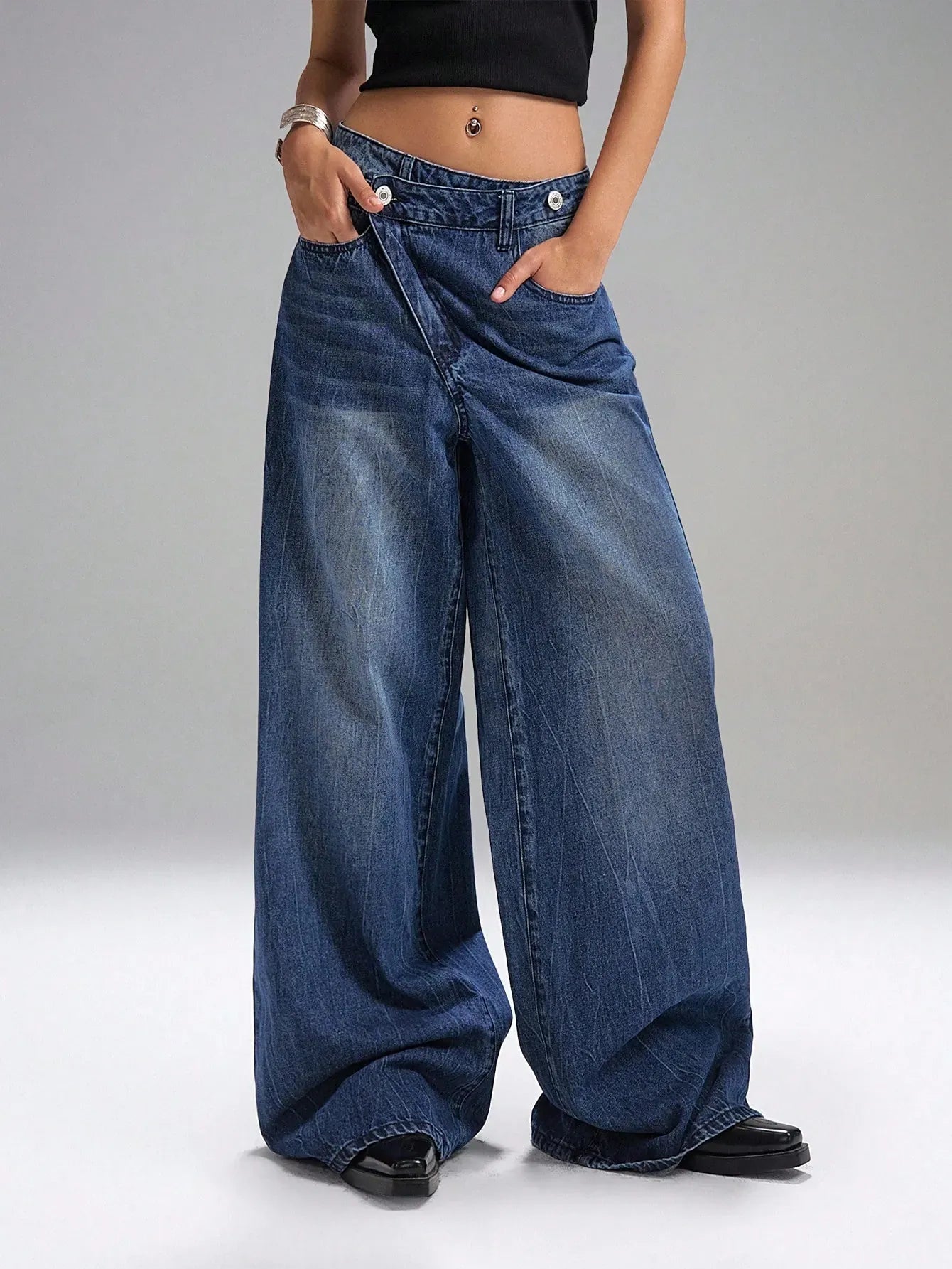 Deconstructed Front Fly Extra Wide-Leg Jeans