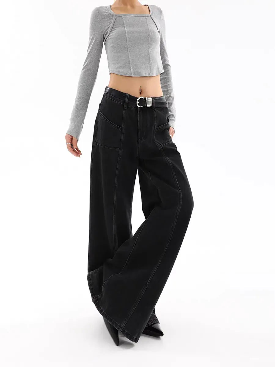 Black Chrome Contemporary Wide-Leg Denim