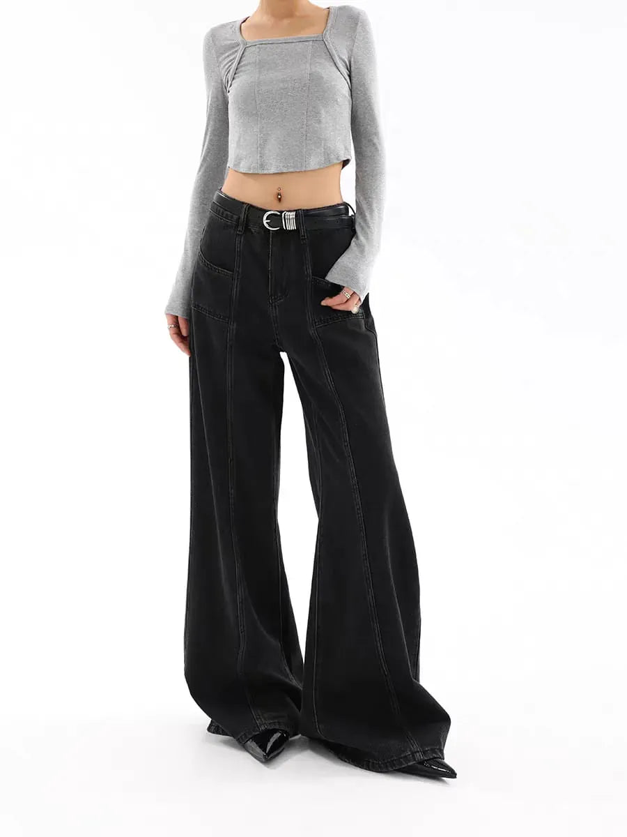 Black Chrome Contemporary Wide-Leg Denim