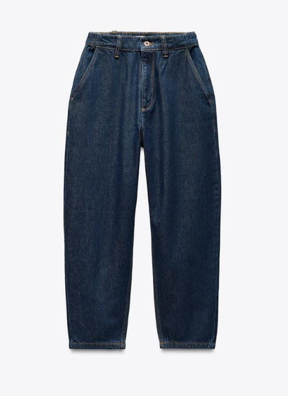 DARK BLUE MID-RISE TAPERED JEANS