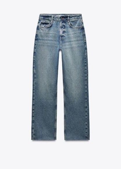 DARK BLUE STRAIGHT-LEG HIGH-WAIST JEANS